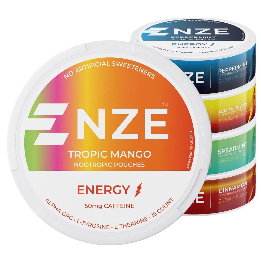 NZE Caffeine Nootropic Pouches (Variety Pack) - Energy Pouches with 50mg Caffeine, Alpha GPC, L-Tyrosine & L-Theanine with No Sugar or Artificial Sweeteners - 15 Pouches Per Can - 5 Pack