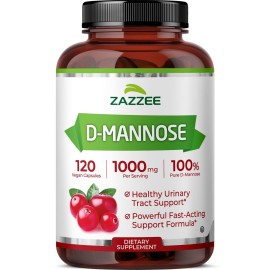 Zazzee D-Mannose, 1000 mg per Serving, 120 Vegan Capsules, 2 Month Supply, Potent & Fast-Acting, Certified Kosher, 100% Pure, All-Natural Urinary Tract Health Support, 100% Vegetarian, Non-GMO