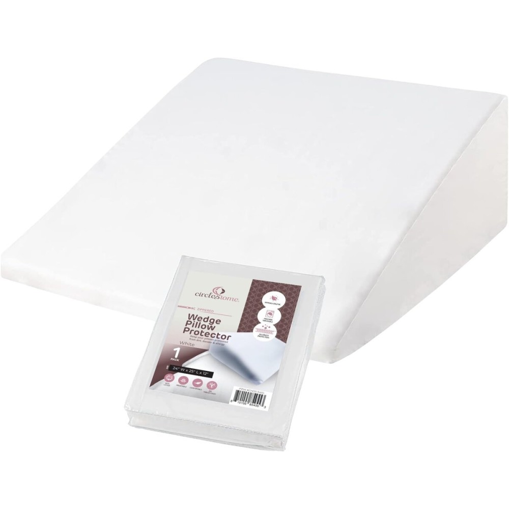 CirclesHome Wedge Pillow Cover 100% Cotton, Zippered Wedge Pillow Case Protector, Soft, Hypoallergenic & Breathable - White, (24Wx25Lx12)