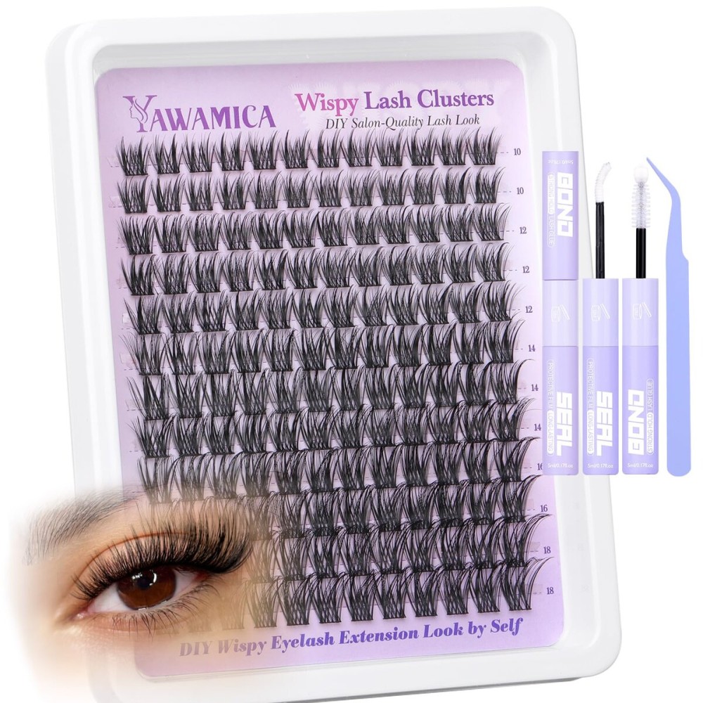 Yawamica Lash Extension Kit Wispy Lash Clusters Kit 10-18mm Cluster Eyelash Extensions D Curly Individual Lashes Medium Volume Cluster Lashes DIY Lash Kit with Bond and Seal and Lash Tweezers