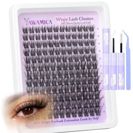 Yawamica Lash Extension Kit Wispy Lash Clusters Kit 10-18mm Cluster Eyelash Extensions D Curly Individual Lashes Medium Volume Cluster Lashes DIY Lash Kit with Bond and Seal and Lash Tweezers