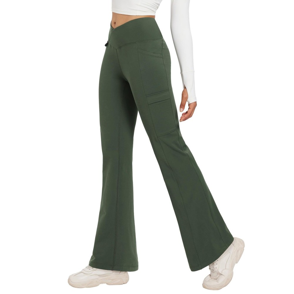 baleaf Women\'s Tall 31\'\' Fleece Lined Leggings Flare Pants Winter Thermal Water Resistant Crossover Warm Bootcut Hiking Outdoor Army Green XS