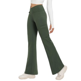 baleaf Women\'s Tall 31\'\' Fleece Lined Leggings Flare Pants Winter Thermal Water Resistant Crossover Warm Bootcut Hiking Outdoor Army Green XS