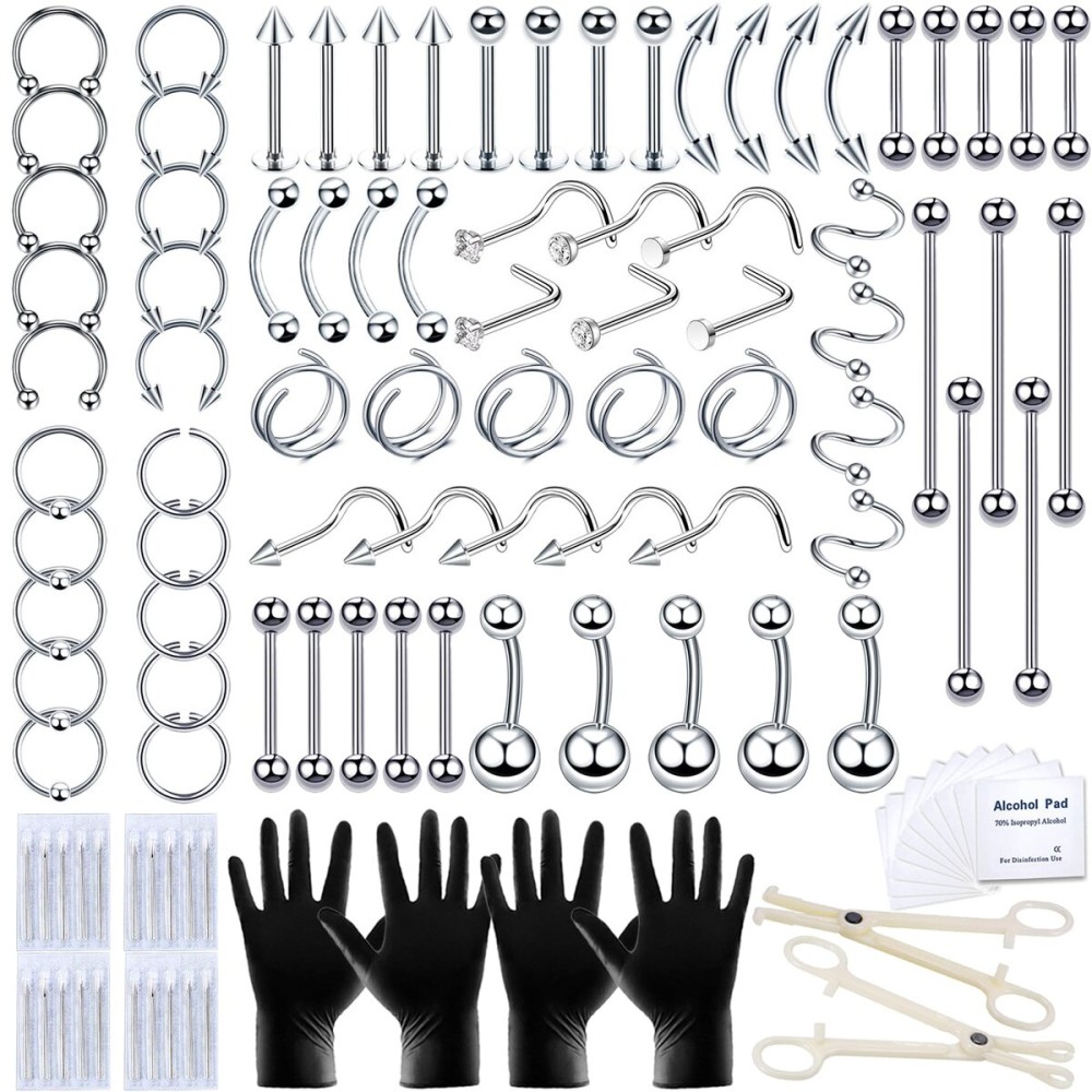 TKKUY 131PCS Piercing Kit for all Body Piercings Stainless Steel Piercing Jewelry with 12G 14G 16G 20G Piercing Needles and Tools for Nose Septum Belly Button Lip Ear Tongue Cartilage Eyebrow Tragus