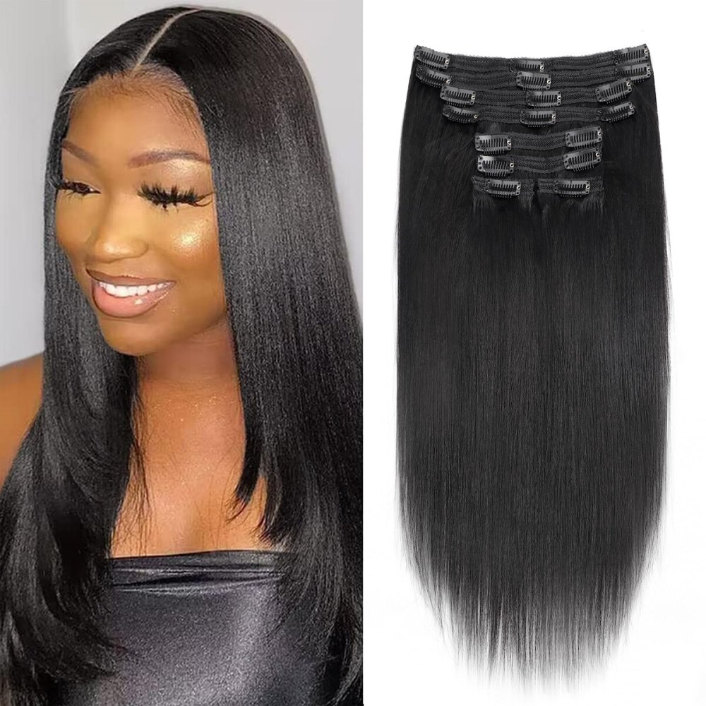 Affordable 14 Inch Yaki Straight Clip ins Human Hair Brazilian Yaki Straight Clip in Hair Extensions Unprocessed Virgin Hair clip on Hair Extensions 8Pcs Per Set 120G