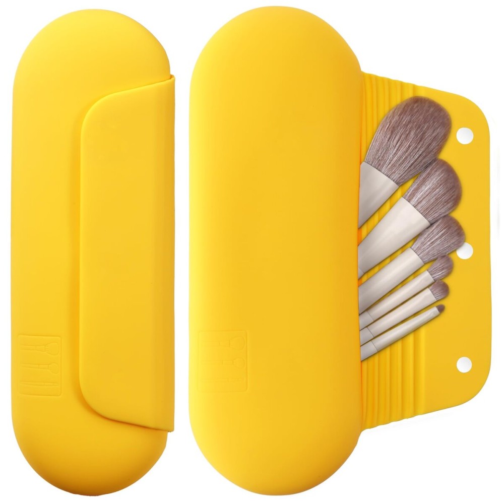 AGIKET Silicone Makeup Brush Holder Travel Cosmetic BagSoft Portable Cosmetic Face Brushes Holder with Upgrade Anti-Fall Out Magnetic Closure, Large Travel Makeup Brush Case - Yellow