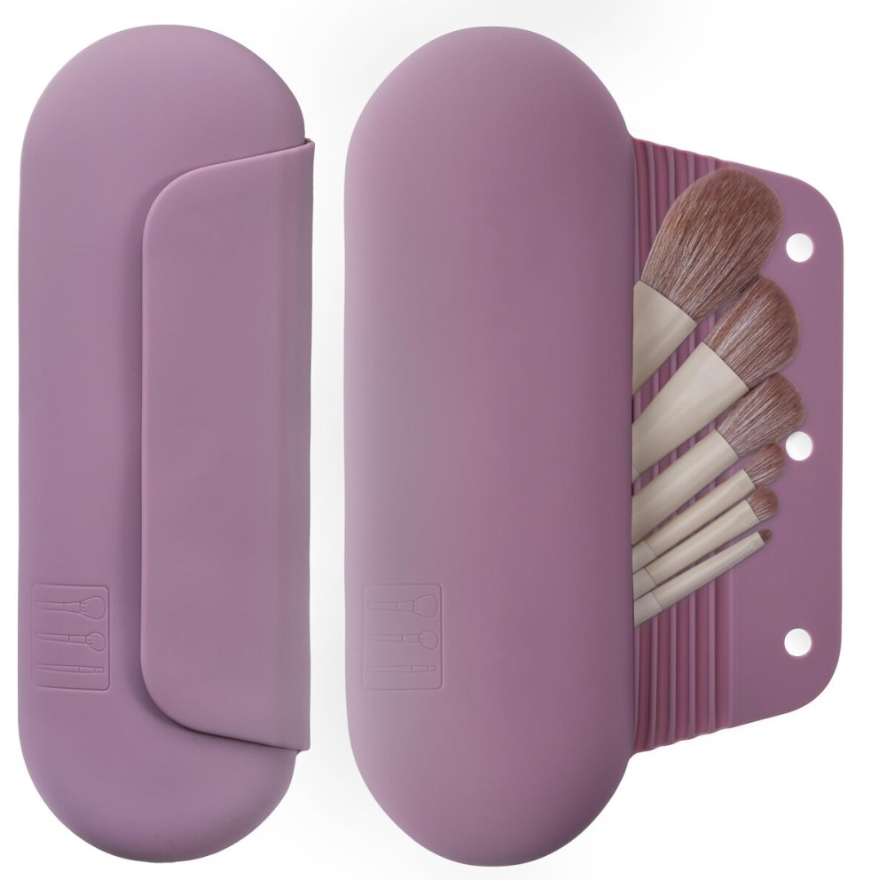 AGIKET Silicone Makeup Brush Holder Travel Cosmetic BagSoft Portable Cosmetic Face Brushes Holder with Upgrade Anti-Fall Out Magnetic Closure, Large Travel Makeup Brush Case - Light Purple