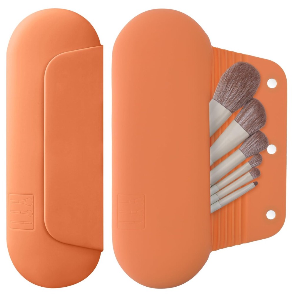 AGIKET Silicone Makeup Brush Holder Travel Cosmetic BagSoft Portable Cosmetic Face Brushes Holder with Upgrade Anti-Fall Out Magnetic Closure, Large Travel Makeup Brush Case - Orange