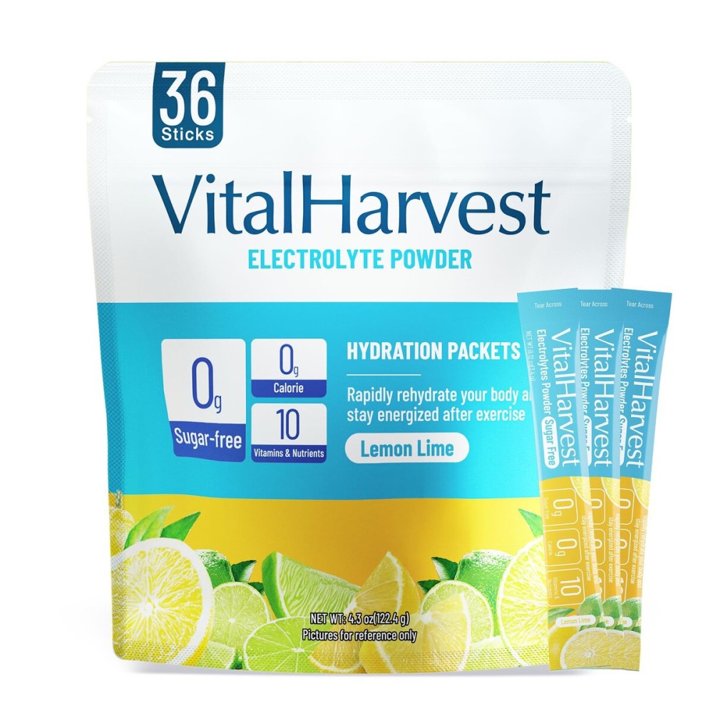 VitalHarvest 36 Sticks Electrolytes Powder Packets Sugar Free Hydration Packets Electrolyte Liquid Daily IV Drink Mix with Lemon Lime, Low Sodium, 0 Calorie