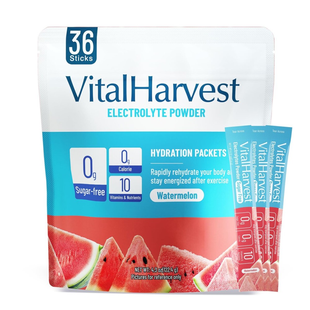 VitalHarvest 36 Sticks Electrolytes Powder Packets No Sugar Hydration Packets Electrolyte Liquid Daily IV Drink Mix with Watermelon, Low Sodium, 0 Calorie