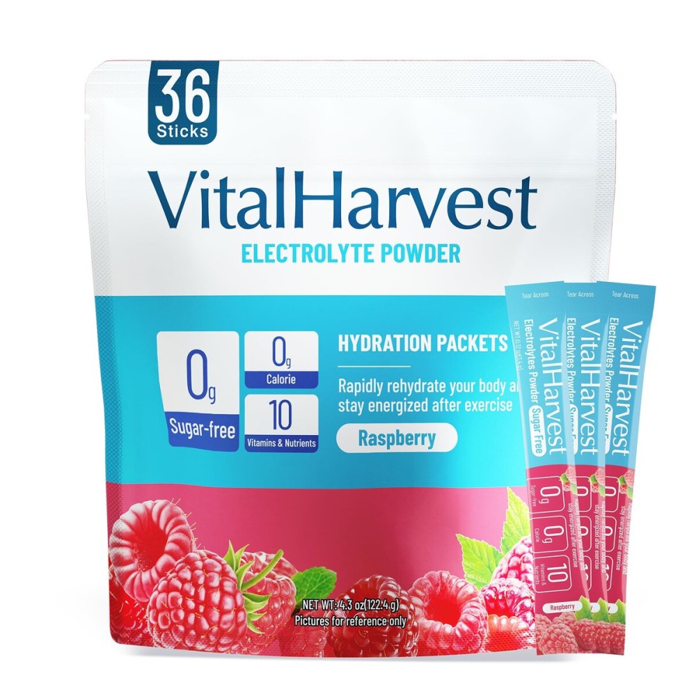 VitalHarvest 36 Sticks Electrolytes Powder Packets Sugar Free Hydration Packets Electrolyte Liquid Daily IV Drink Mix with Raspberry, Low Sodium, 0 Calorie