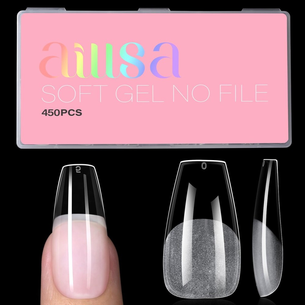 AILLSA Long Coffin Nail Tips - 450pcs Thickened Pre-shaped False Nail Tips Half Matte Nails Tips, Acrylic Fake Nails Extension for Home Salon DIY