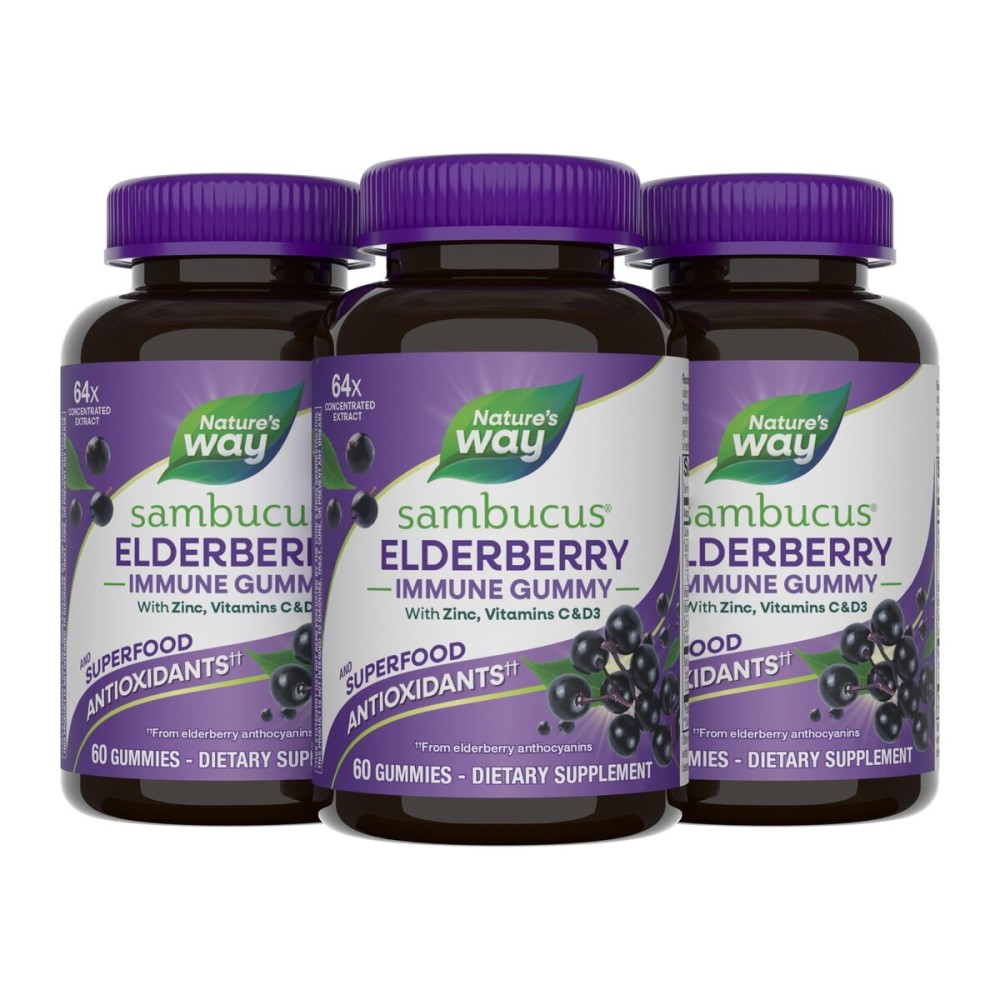 Natures Way Sambucus Elderberry Immune Support Gummies for Kids & Adults* with Black Elderberry Extract, Vitamin C, Vitamin D3, and Zinc, 60 Gummies (Set of 3)