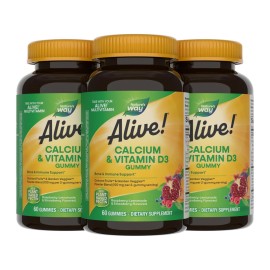 Nature\'s Way Alive! Daily Calcium & Vitamin D3 Gummies, Bone Support*, Immune Support*, Strawberry and Raspberry- Lemonade Flavored, 60 Gummies (Set of 3)