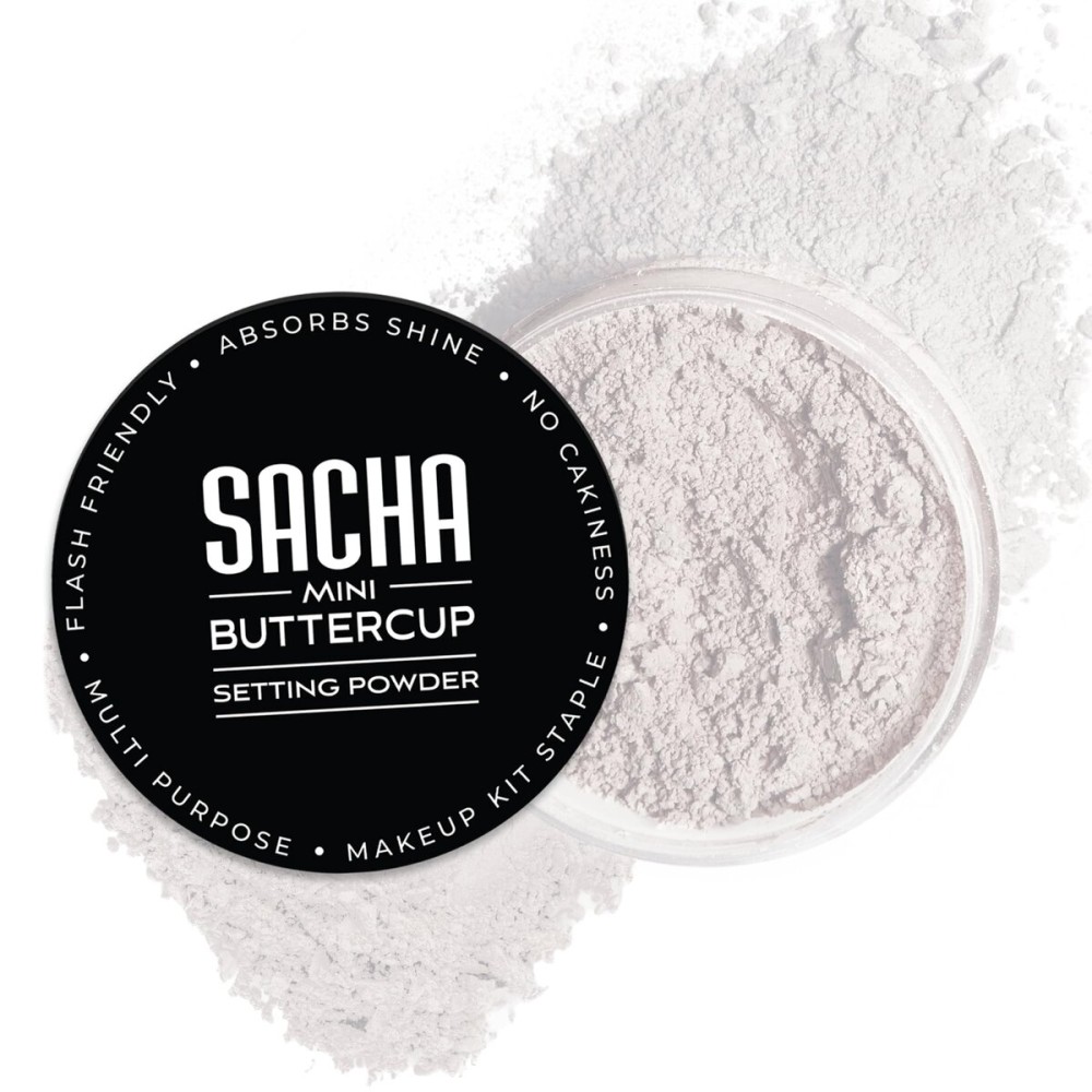 Sacha BUTTERCUP No Color Mini Setting Powder. No Ashy Flashback. Blurs Fine Lines and Pores. Loose, Translucent Face Powder to Set Makeup Foundation or Concealer. For All Skin Tones, 0.35 oz.