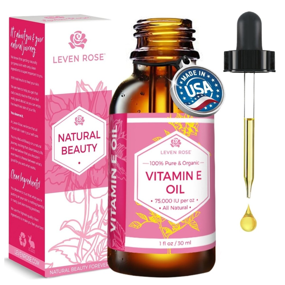 Leven Rose 100% Vitamin E Oil 75,000 IU per oz 100% Natural, Organic, Pure Vitamin E Oil for Skin, Face, Hair, Nails 1oz