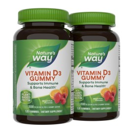 Nature\'s Way Vitamin D3 Gummies, Supports Immune and Bone Health*, 2000 IU (50 mcg) per 2-Gummy Serving, Vitamin D3 2000IU per 2 Gummies, Mixed Fruit Flavored, 120 Count (Set of 2)