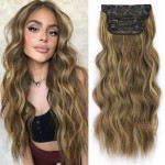 ALXNAN Clip in Long Wavy Synthetic Hair Extension 20 Inch Brown with Highlights 4PCS Thick Hairpieces Fiber Double Weft Hair for Women
