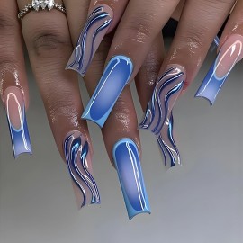 BABALAL Long Press on Nails Square Fake Nails Blue Ocean Beach Acrylic Nails 3d Texture Blue Wave Summer False Nails French Tip False Nails 24Pcs Squoval Glossy Full Cover Stick on Nails