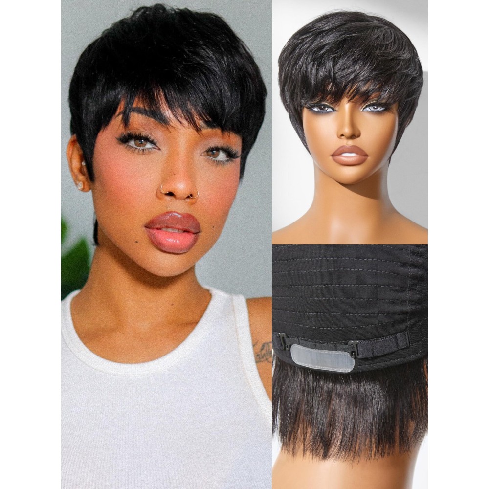 LUVME HAIR Ultra Comfort Throw On & Go Short Pixie Cut with Bangs 5 Inches Skin Friendly Cotton Cap 100% Real Human Hair Glueless Wig Glueless Wig Hair Loss Friendly Full Machine Made 22.5 Wig Cap