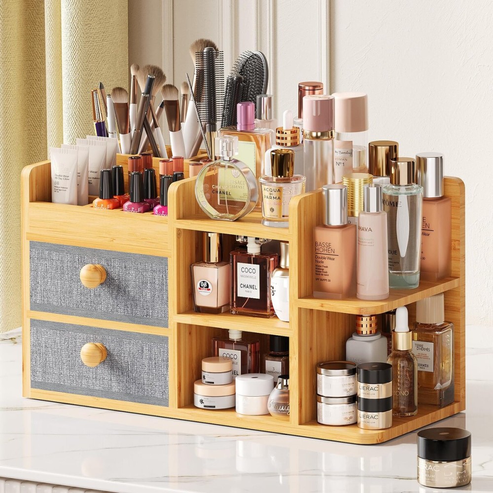 Large Makeup Organizer Countertop For Vanity Dresser, Bamboo Bathroom Counter Organizers And Storage,Cosmetic Skincare Perfume Organizer With 3 Makeup Brush Holder/2 Drawers/5 Shelves /8 Compartments