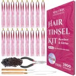 NIACONN Glitter Hair Tinsel Extensions Kit Pink with Tools and Beads, 48 Inch Sparkly Fairy Colorful Tensile Strands Shiny Hair Accessories for Women Girls Kids