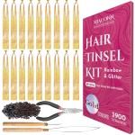 NIACONN Glitter Hair Tinsel Extensions Kit Gold with Tools and Beads, 48 Inch Sparkly Fairy Colorful Tensile Strands Shiny Hair Accessories for Women Girls Kids