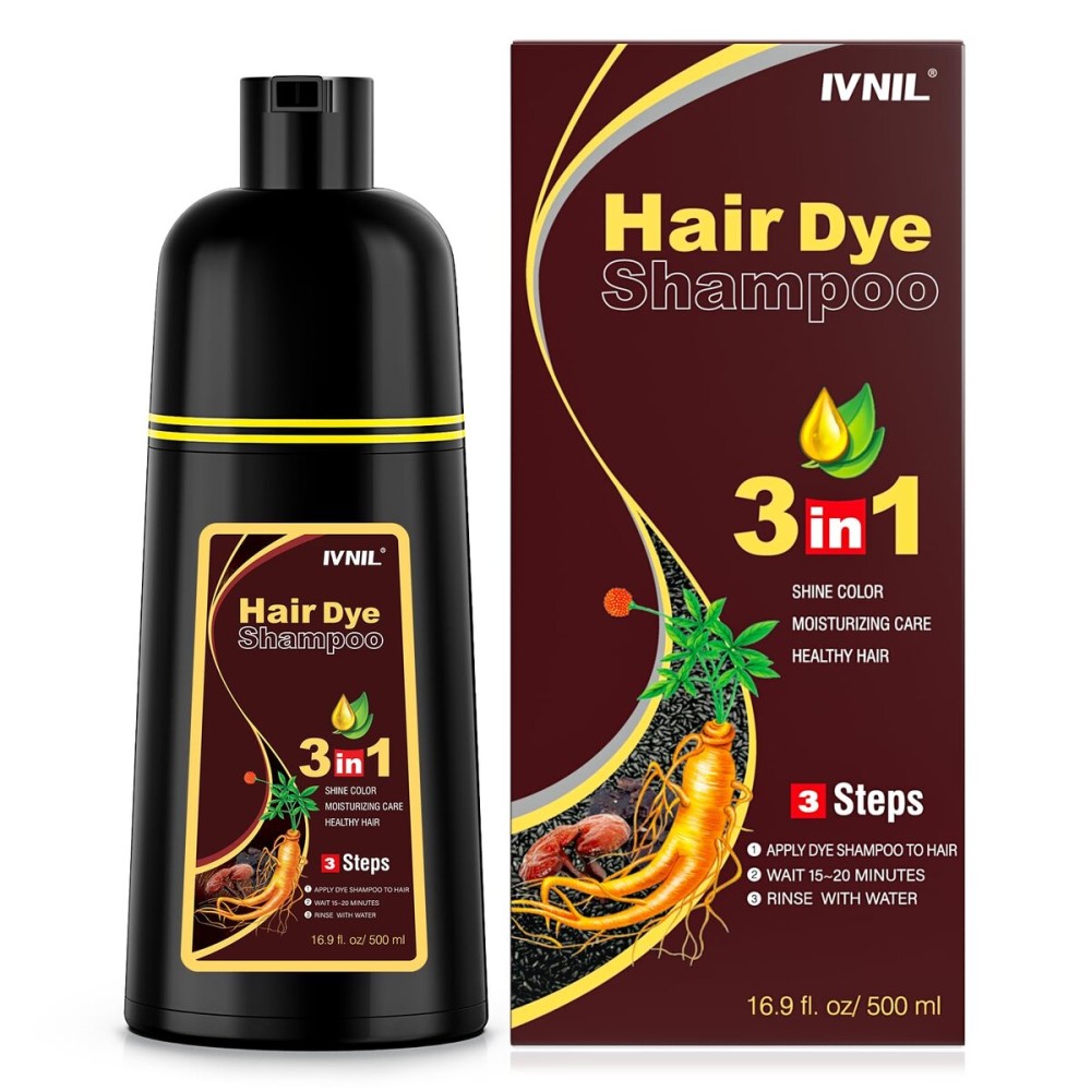 Ivnil Chestnut Brown Hair Dye Shampoo 3 in 1 Hair Color for Women & Men - Herbal Ingredients Color in Minutes 500ML