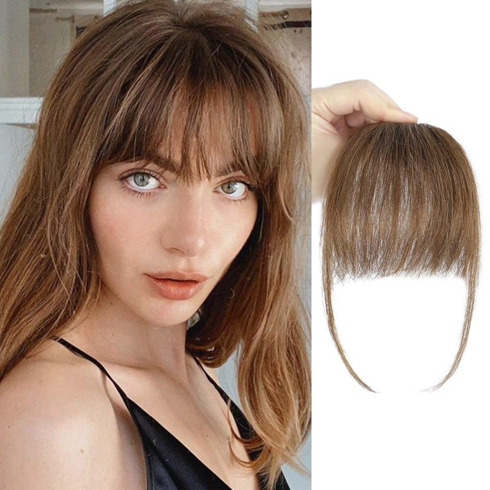 BOGSEA Clip in Bangs 100% Human Hair Bangs with Temples Bangs Hairpieces for Women Clip in Fake Bangs for Daily Wear (Light Brown, Wispy Bangs)