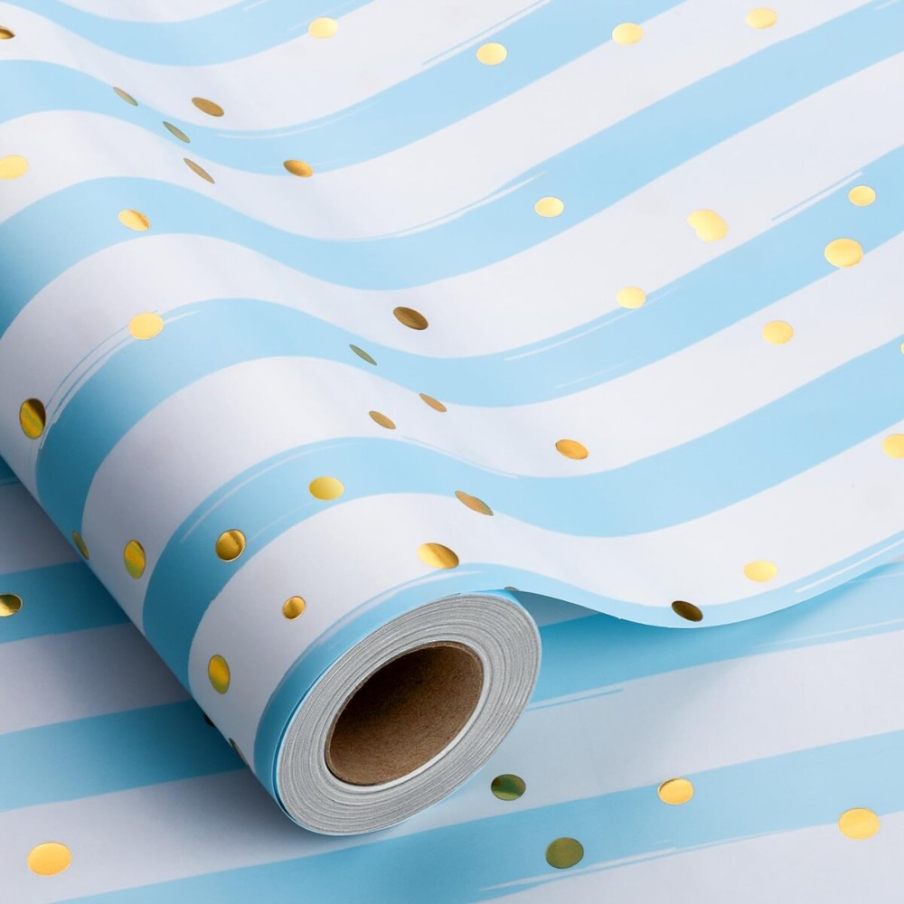 MAYPLUSS Blue and White Stripe Wrapping Paper - 17 Inch X 16.5 Feet - Seersucker Light Blue French Wide Stripe Gift Wrap with Gold Speckles Boy Wrap Present Paper for Baby Shower, Birthday, Holiday