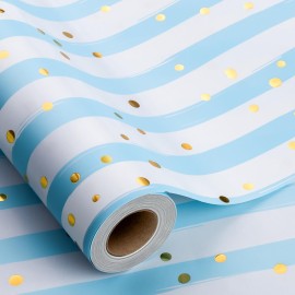 MAYPLUSS Blue and White Stripe Wrapping Paper - 17 Inch X 16.5 Feet - Seersucker Light Blue French Wide Stripe Gift Wrap with Gold Speckles Boy Wrap Present Paper for Baby Shower, Birthday, Holiday