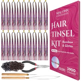 NIACONN Glitter Hair Tinsel Extensions Kit Rainbow Color with Tools and Beads, 48 Inch Sparkly Fairy Colorful Tensile Strands Shiny Hair Accessories for Women Girls Kids