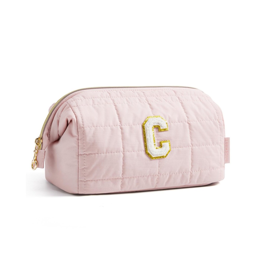 BAGSMART Birthday Gifts Personalized Initial Makeup Bag, Trendy Stuff Gifts for Women Bridesmaid Graduation, Puffy Padded Make Up Bags for Women, Wide-open Toiletry Bag, Pink C