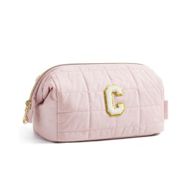 BAGSMART Birthday Gifts Personalized Initial Makeup Bag, Trendy Stuff Gifts for Women Bridesmaid Graduation, Puffy Padded Make Up Bags for Women, Wide-open Toiletry Bag, Pink C