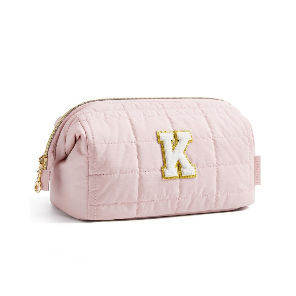 BAGSMART Birthday Gifts Personalized Initial Makeup Bag, Trendy Stuff Gifts for Women Bridesmaid Graduation, Puffy Padded Make Up Bags for Women, Wide-open Toiletry Bag, Pink K