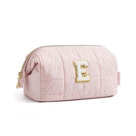 BAGSMART Birthday Gifts Personalized Initial Makeup Bag, Trendy Stuff Gifts for Women Bridesmaid Graduation, Puffy Padded Make Up Bags for Women, Wide-open Toiletry Bag, Pink E
