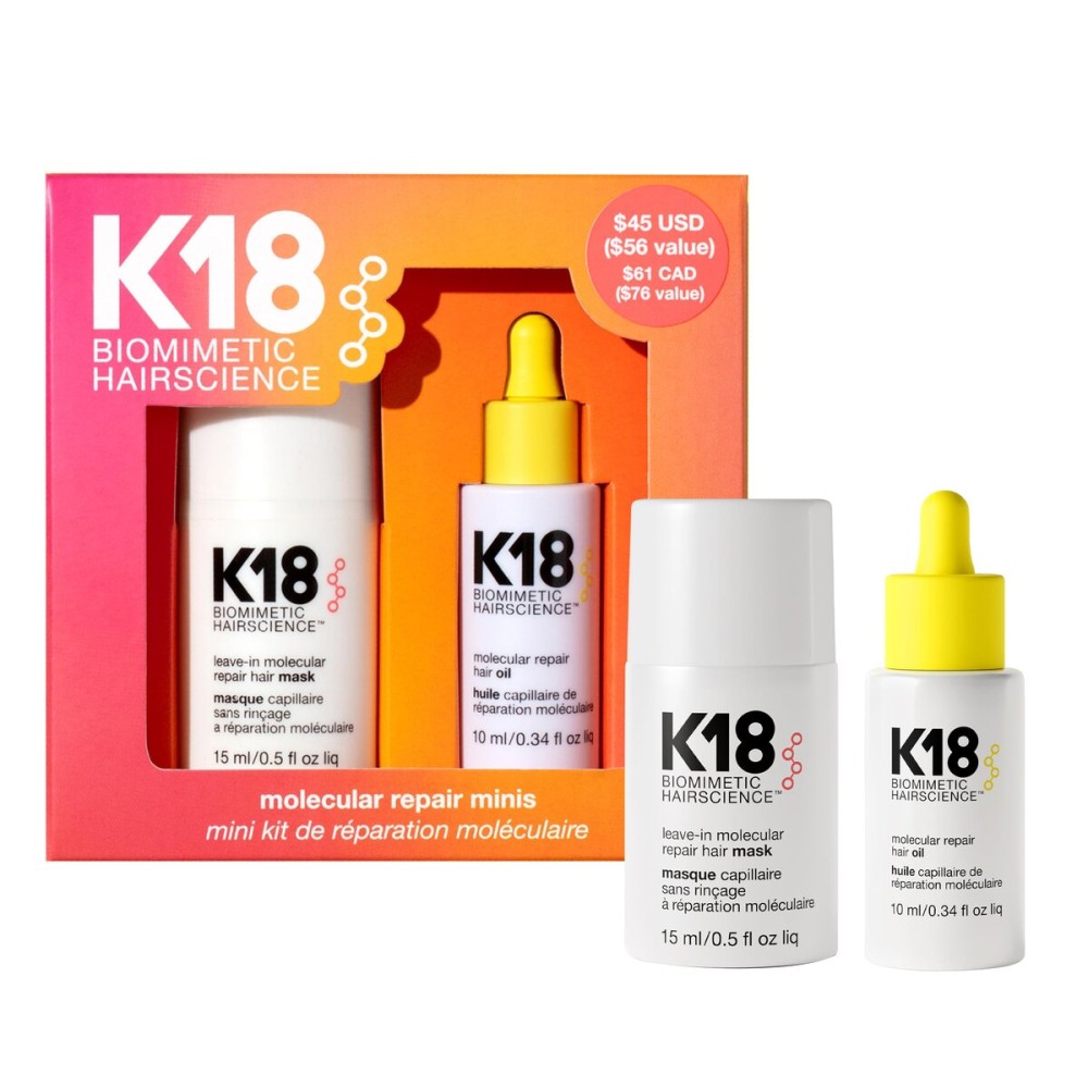 K18 Molecular Repair Minis Kit, Leave-In Molecular Hair Mask + Lightweight Repair Oil, Repairing Hair Duo to Strengthen + Smooth Frizz, Suitable for All Hair Types, Travel Size Kit