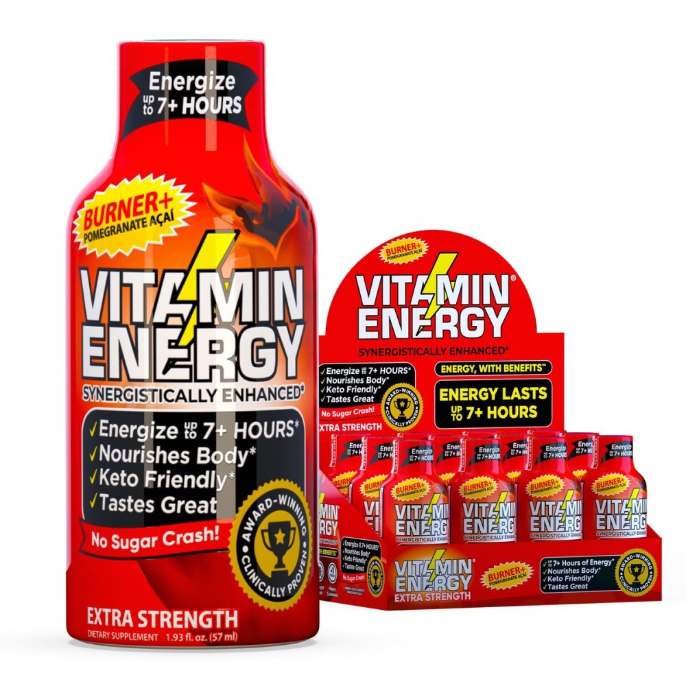 Vitamin Energy Burner+ Extra Strength Energy Shot Pomegranate Aa 12 Pack, 260mg Natural Caffeine, 25mg Ketones, Green Tea, EGCG, Metabolism, Endurance, Zero Sugar, Gluten-Free, Vegan, 1.93 fl oz