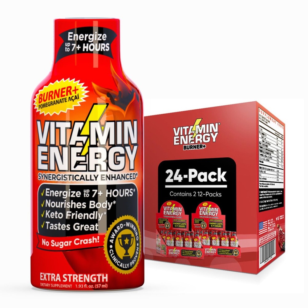 Vitamin Energy Burner+ Extra Strength Energy Shot Pomegranate Aa 24 Pack, 260mg Natural Caffeine, 25mg Ketones, Green Tea, EGCG, Metabolism, Endurance, Zero Sugar, Gluten-Free, Vegan, 1.93 fl oz