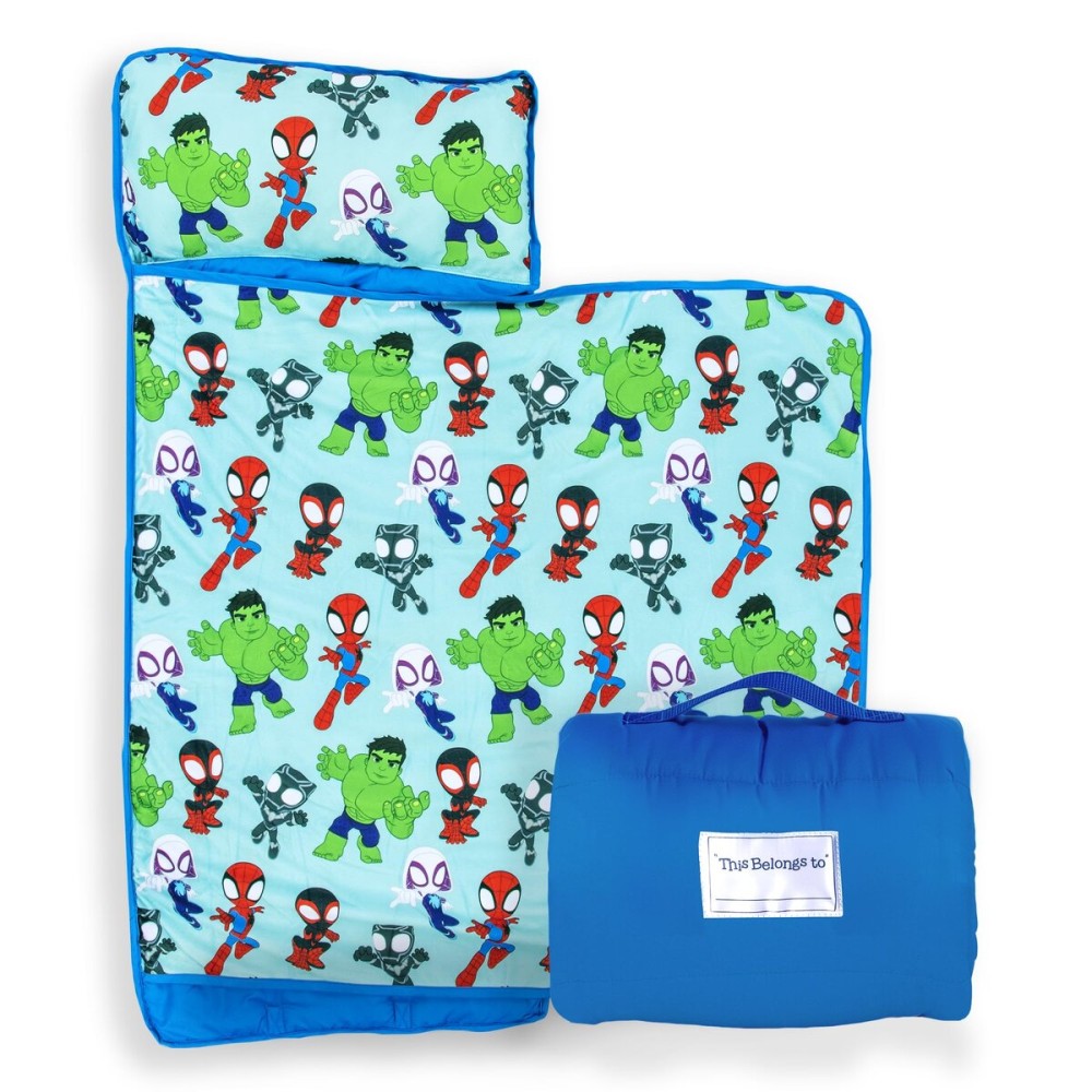 Jay Franco Kids Nap Mat Cartoon Embedded Pillow & Blanket - Soft 46x20Microfiber Sleeping Bag with Name Tag & Handle for School, Travel, Sleepover, Blue - Spidey & Friends