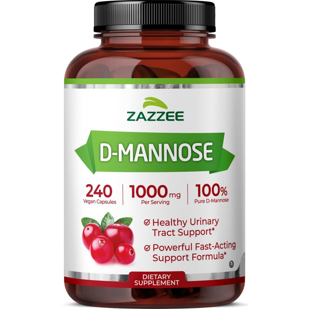 Zazzee D-Mannose, 1000 mg per Serving, 240 Vegan Capsules, 4 Month Supply, Potent & Fast-Acting, Certified Kosher, 100% Pure, All-Natural Urinary Tract Health Support, 100% Vegetarian, Non-GMO