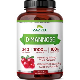 Zazzee D-Mannose, 1000 mg per Serving, 240 Vegan Capsules, 4 Month Supply, Potent & Fast-Acting, Certified Kosher, 100% Pure, All-Natural Urinary Tract Health Support, 100% Vegetarian, Non-GMO