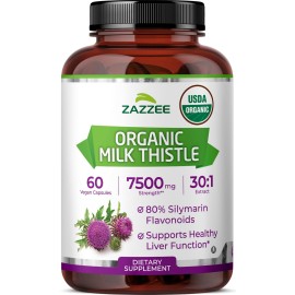 Zazzee USDA Organic Milk Thistle 30:1 Extract, 7500 mg Strength, 60 Vegan Capsules, 80% Silymarin Flavonoids, Healthy Liver Detox & Cleanse Support, 100% Vegetarian, Non-GMO, Made in The USA
