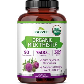 Zazzee USDA Organic Milk Thistle 30:1 Extract, 7500 mg Strength, 90 Vegan Capsules, 80% Silymarin Flavonoids, Healthy Liver Detox & Cleanse Support, 100% Vegetarian, Non-GMO, Made in The USA