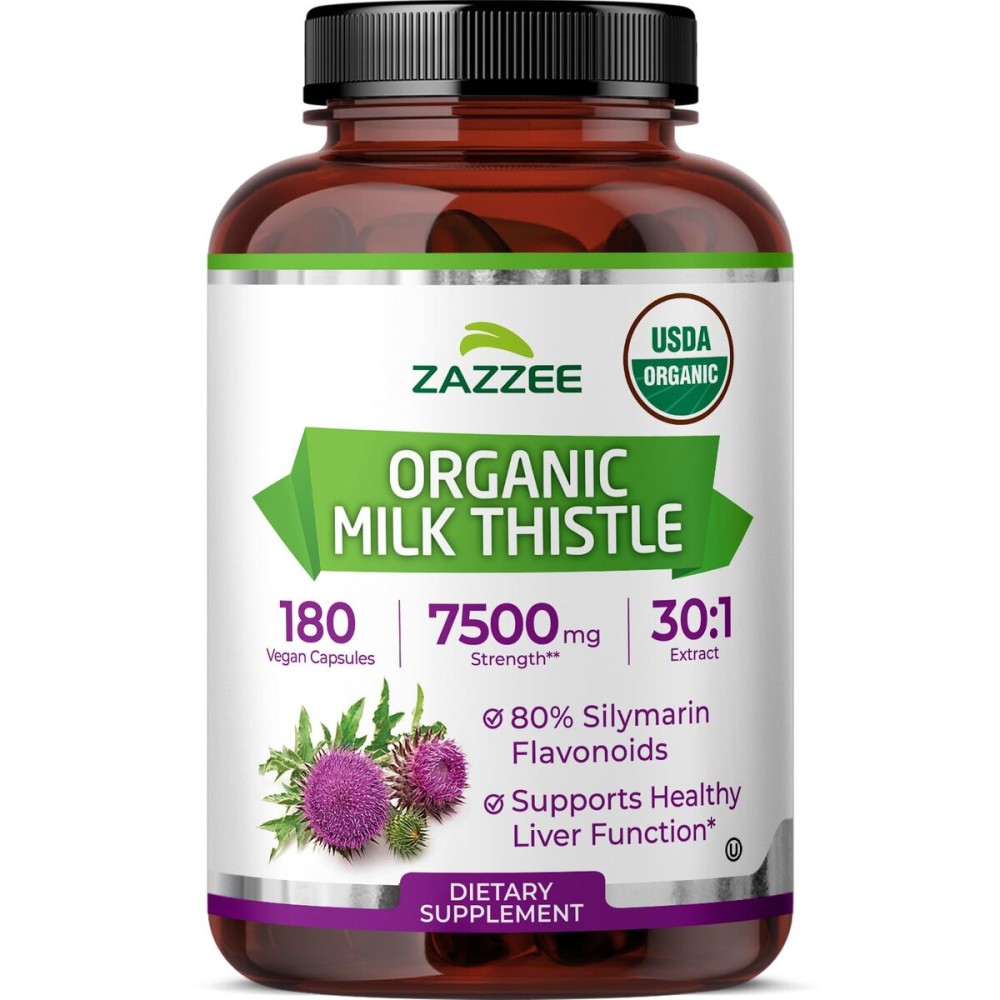 Zazzee USDA Organic Milk Thistle 30:1 Extract, 7500 mg Strength, 180 Vegan Capsules, 80% Silymarin Flavonoids, Healthy Liver Detox & Cleanse Support, 100% Vegetarian, Non-GMO, Made in The USA