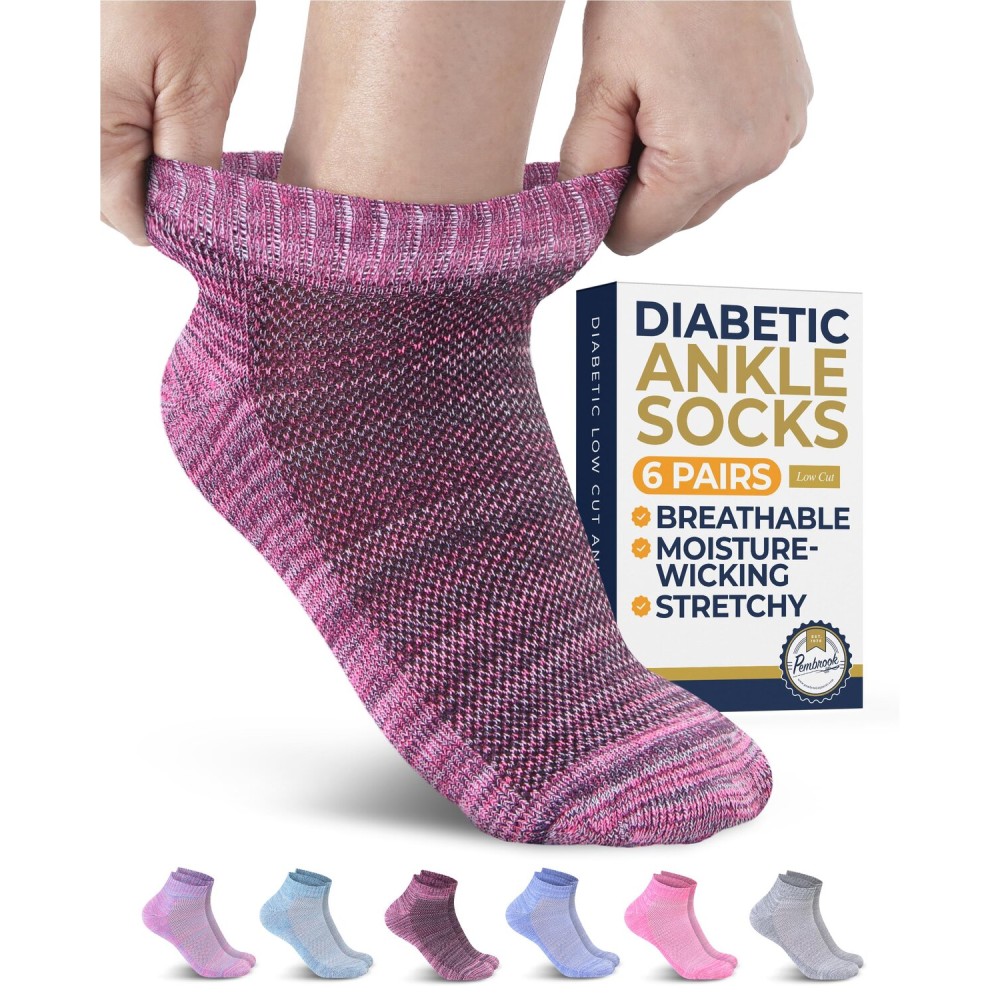 Pembrook Ankle Diabetic Socks for Women and Men - 6 Pairs | Low Cut Seamless Womens Diabetic Sock | Wide Ankle | Space Dye