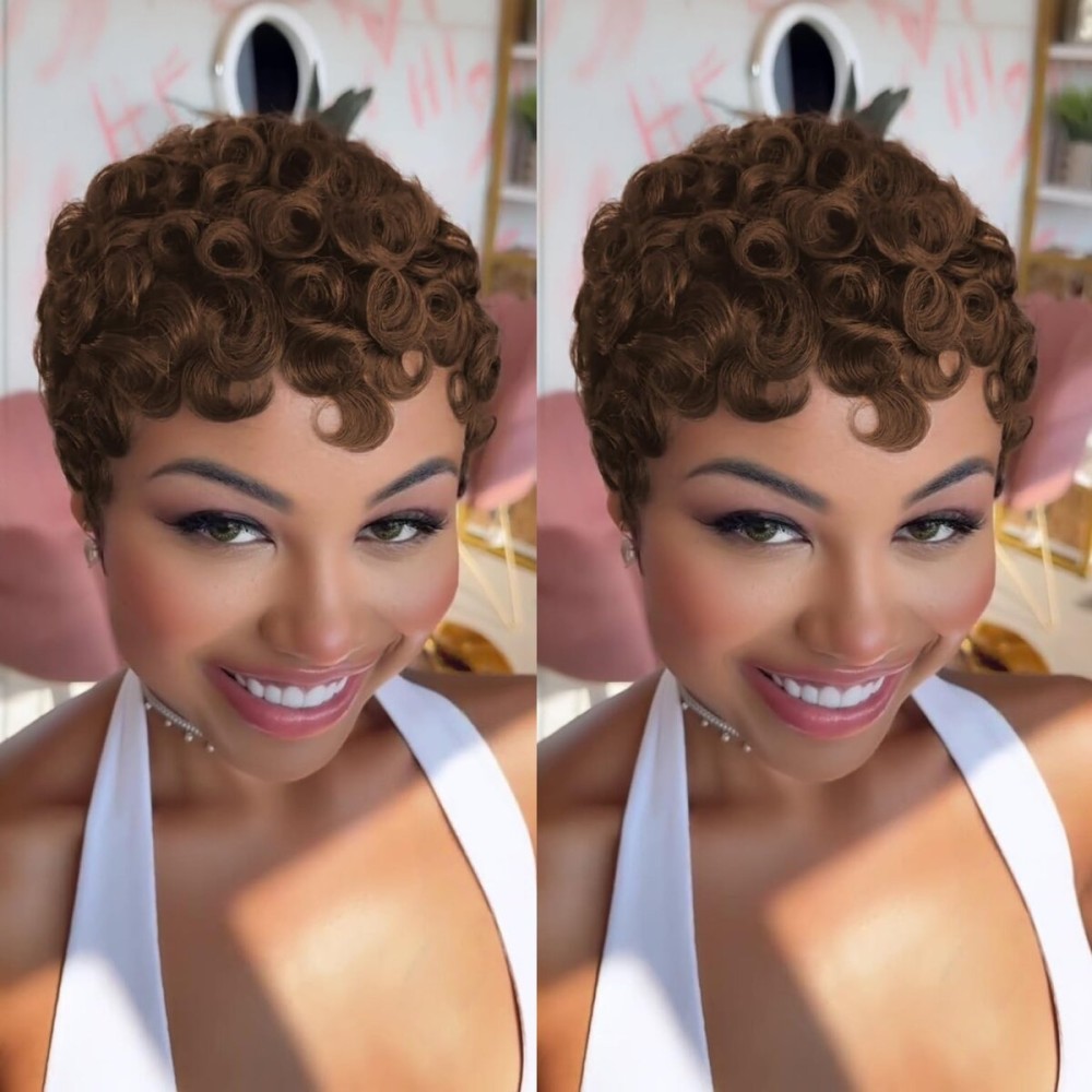 QiaQiaRing Pixie Cut Human Hair Wig Chocolate Brown Color 4 Short Curly Style Summer Glueless Short Layered Pixie Cut Curly Wigs With Bangs Full Machine Made for Daily Use
