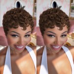 QiaQiaRing Pixie Cut Human Hair Wig Chocolate Brown Color 4 Short Curly Style Summer Glueless Short Layered Pixie Cut Curly Wigs With Bangs Full Machine Made for Daily Use