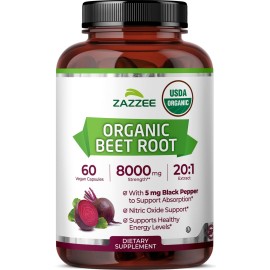 Zazzee USDA Organic Beet Root 8000 mg Strength 20:1 Extract, 60 Vegan Quick Release Capsules, Black Pepper Extract for Enhanced Absorption, Supports Nitric Oxide Production, Non-GMO, Made in The USA