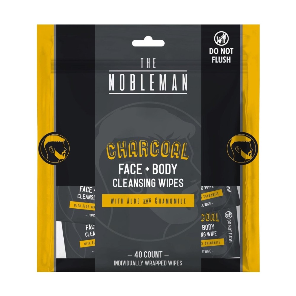 The Nobleman Charcoal Face + Body Cleansing Wipes, 40 Ct. Individually Wrapped - With Aloe & Chamomile for Oil Control, Hydration & Refreshing On-the-Go Clean